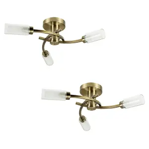 ValueLights Claudia Pair of 3 Way Spiral Flush Antique Brass Effect Ceiling Light Fittings with Glass Shades