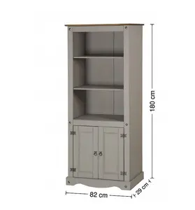 Mercers Furniture Corona Grey Wax 2 Door Bookcase 3 Shelf Display Cabinet Solid Pine with Mexican Styling