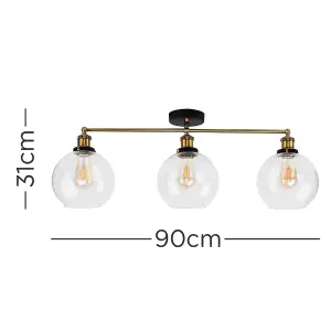 ValueLights Sheridan 3 Way Black & Gold Ceiling Light Fitting with Clear Glass Globe Shades - LED Filament Bulbs In Warm White