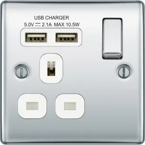 BG Chrome Single 13A Raised slim Switched Screwed Socket with USB, x2 & White inserts