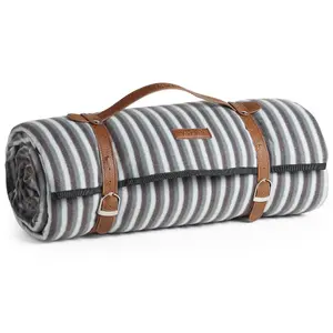 VonShef Picnic Blanket, Large Outdoor Striped Picnic Blanket with Waterproof Lining and Faux Leather Carrier Handle, 200 x 220cm