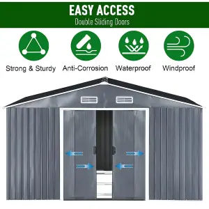 Metal Shed 10 x 12 ft Garden Storage Shed Apex Roof Double Door with Foundation Base , Charcoal Black