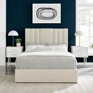 Cream Plush Velvet Double 4FT 6 Line Design Padded Headboard & Ottoman Storage Gas Lift Bed Frame