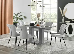 Imperia Grey High Gloss 6 Seater Dining Table with Structural 2 Plinth Column Legs 6 Light Grey Velvet Black Leg Nora Chairs