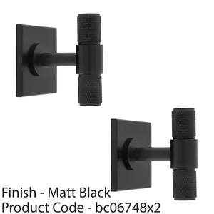 2 PACK - Knurled T Bar Cabinet Door Knob & Matching Backplate - Matt Black 40 x 40mm