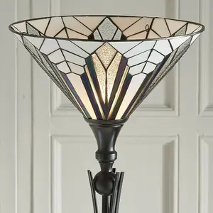 1.7m Tiffany Floor Lamp Black Stem & Retro Stained Glass Shade Uplighter i00002