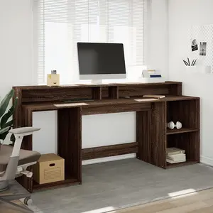 Berkfield Desk with LED Lights Brown Oak 200x55x91 cm Engineered Wood