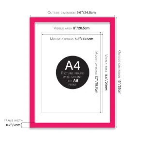 A4 Bright Pink Picture Frame With Mount for A5 (14.8 x 21cm - 5.8 x 8.3in) Poster, Photo, Artwork, or Print.