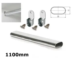 Wardrobe Rail Oval Chrome Hanging Rail Free End Supports & Screws - Length 1100mm