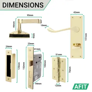 AFIT Polished Brass Victorian Scroll Bathroom Door Handle Set, 2 Pairs of Internal Handles on Backplate, Hinges 76mm & Locks 64mm