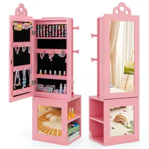 COSTWAY 117CM Standing Kids Jewelry Armoire Jewelry Storage Organizer with Dress-up Mirror