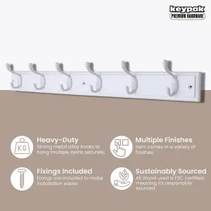 keypak 6-Hook Wall-Mounted Coat Rack, 68cm - White Wooden Board, White Coat Hooks - Fixings Included