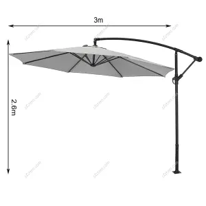 3M Outdoor Light Grey Cantilever Crank Tilt Swivel Banana Umbrella Sunshade with Fillable Base