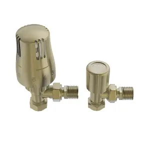 Rinse Bathrooms Thermostatic Radiator Valve 15mm x 1/2" Angled Brushed Brass Rad TRV + Lockshield