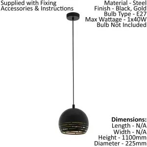 Pendant Ceiling Light Colour Black Cut Out Gold Inner Shade Bulb E27 1x40W