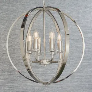 Anson Lighting Torlea 6lt Pendant light finished in Bright nickel plate and clear faceted acrylic