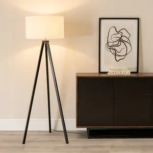 ValueLights Barbro Black Wood Tripod Floor Lamp with Natural Linen with White Trim Drum Shade