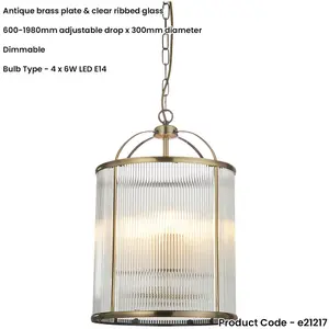 Hanging Ceiling Pendant Light - Antique Brass Plate & Clear Ribbed Glass - 4 X 6W LED E14