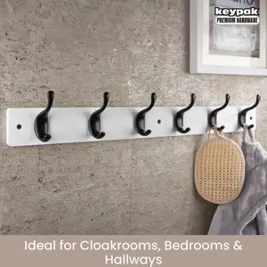 keypak 6 Matte Black Coat Hooks on White Wooden Board - 68cm Modern Wall Mounted Coat Rack Clothes Hanger