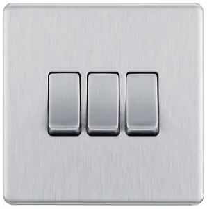 GoodHome Brushed Steel 20A 2 way 3 gang Light Screwless Switch