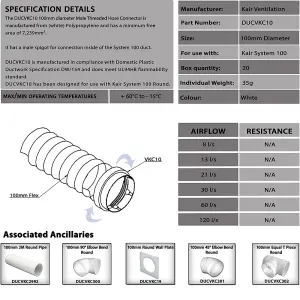 Kair Threaded Connector 100mm - 4 inch for Joining Flexible Hose to Round Duct Pipe