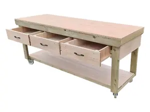 Wooden Eucalyptus hardwood top workbench, tool cabinet with drawers (V.1) (H-90cm, D-70cm, L-240cm) with wheels