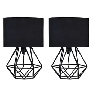 ValueLights Angus Pair of Angus Satin Black Metal Basket Cage Table Lamps with Black Fabric Shades