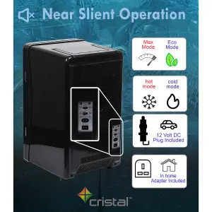 Cristal 16L Compact Mini Cooler Fridge with Built-in 12V Adapter - Black