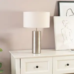 ValueLights Lexy Brushed Chrome Touch Table Lamp with White Drum Shade