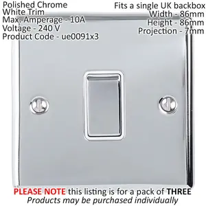 3 PACK 1 Gang Single Metal Light Switch POLISHED CHROME 2 Way 10A White Trim