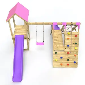 Rebo Wooden Climbing Frame with Swings, 6+8FT Slides & Climbing Wall - Alverstone Pink