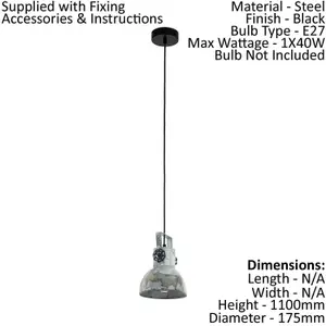 Hanging Ceiling Pendant Light Black & Raw Steel 1x 40W E27 Industrial Feature