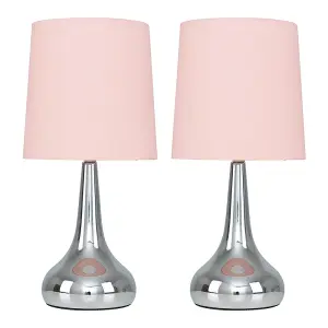 ValueLights Pair of Chrome Teardrop Touch Bed Side Table Lamps with Pink Fabric Shades Complete with 5w LED Bulbs 3000K Warm White