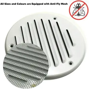 White Louvred Wall Vent Grille with Flyscreen, Fits 100 mm / 4 in Ducts, Round Ventilation Grille with Flat Back