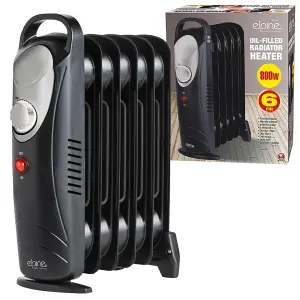 Black Mini 700W Oil Filled Radiator Portable Electric Thermostat 6 Fin Heater Compact