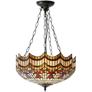 Traditional Tiffany Glass 3 Light Ceiling Pendant - Dark Bronze Effect Fitting