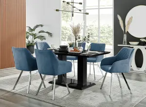 Imperia Black High Gloss 6 Seater Dining Table with Structural 2 Plinth Column Legs Blue Fabric Silver Leg Falun Chairs