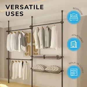 House of Home Telescopic Wardrobe Organiser Double Black Rail Clothes Rack Baskets Storage