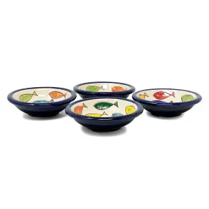 Signature Coloured Fish Hand Painted Ceramic Set of 4 Tapas Bowls Blue Rim (Diam) 10cm