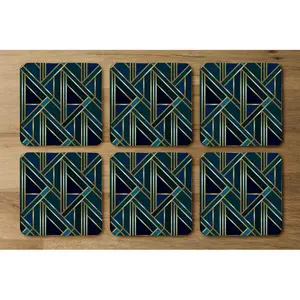 Square 6 Piece Coaster Set (Set of 6) Blue/Gold/Black