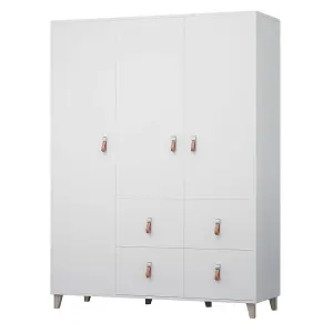 Elegant White Matt Hinged Wardrobe W1500mm H2010mm D550mm with Leather Handles & Wooden Legs