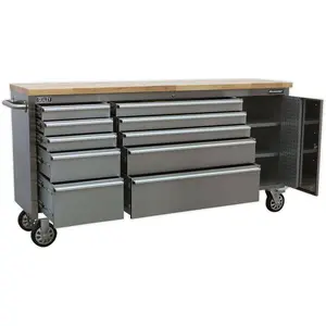 Versatile 1990mm Stainless Steel Mobile Tool Cabinet with 10 Drawers and Cupboard