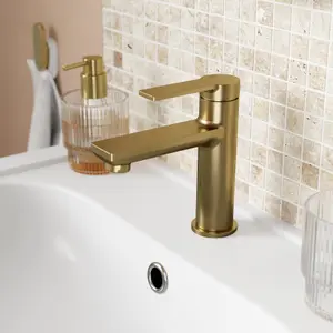 GoodHome Akita Medium Satin Brass effect Round Basin Mixer Tap