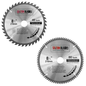 Saxton TCT216MXA Saxton TCT Circular Wood Saw Blade 216mm 80 and 40 Teeth x 30mm Bore + 16, 20 and 25mm Rings Pack of 2