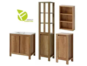 Bathroom Furniture Set: Freestanding 800 Vanity Sink Cabinet with Tallboy & Wall Unit Oak Effect Classic