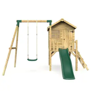 Rebo Orchard 4ft x 4ft Wooden Playhouse with Swings, 900mm Deck and 6ft Slide - Solar Green