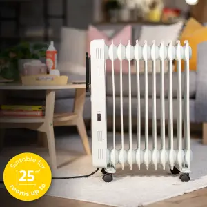 Russell Hobbs Electric Heater 2500W White Digital 11 Fin Oil Filled Radiator with Remote & 2 Year Guarantee RHOFR2521-D