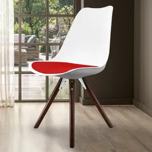 Soho White & Red Plastic Dining Chair with Pyramid Dark Wood Legs