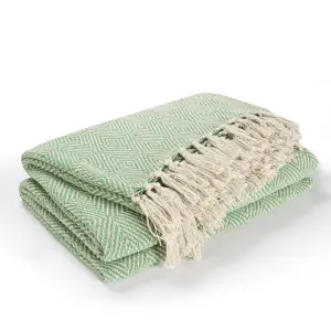 EHC Luxury Reversible Super Soft Cotton Diamond Large Throw For Sofa, Double Bed, Armchair - Green, 150 x 200 cm