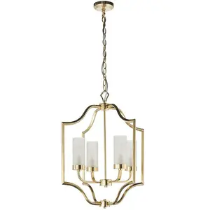 Hanging Ceiling Pendant Light Satin Brass & Frosted Glass 4 Bulb Classic Feature